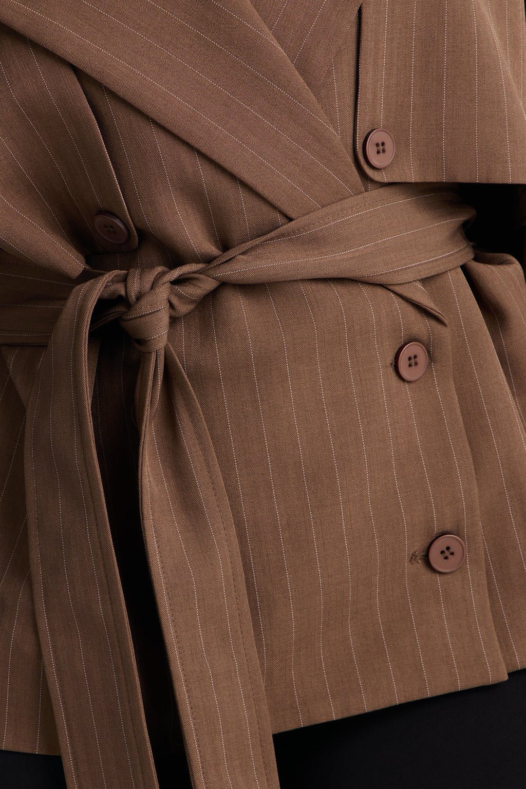 Poppy Pinstripe Belted Trench Jacket - Brown