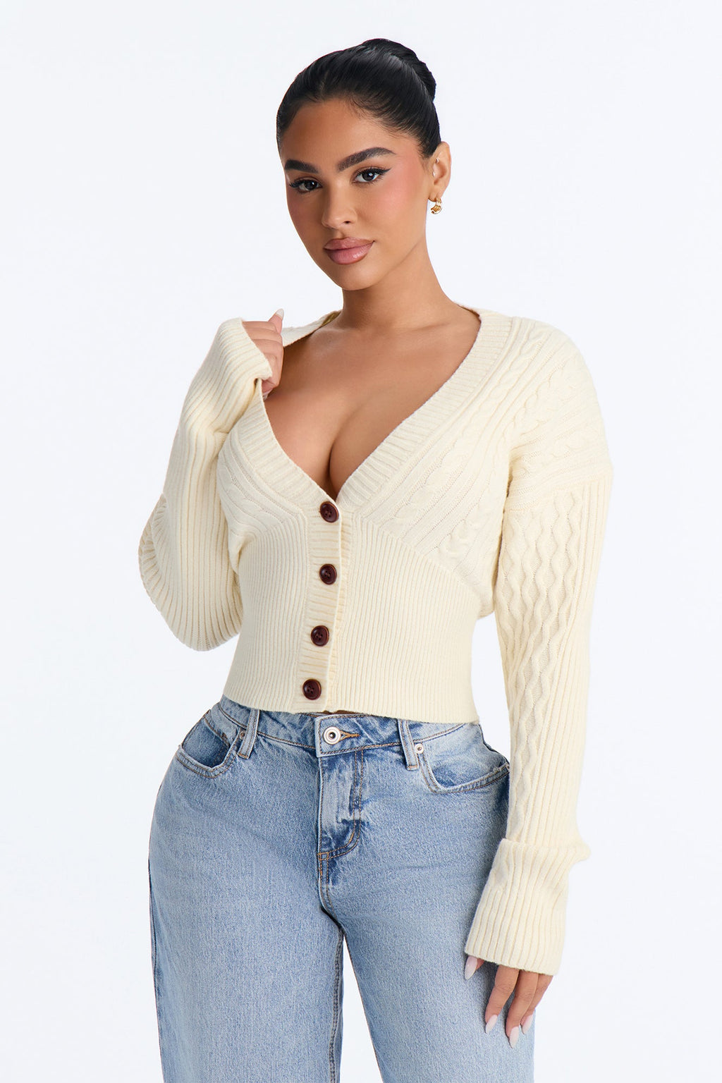 Familiar Love Off Shoulder Cable Knit Cardigan - Ivory