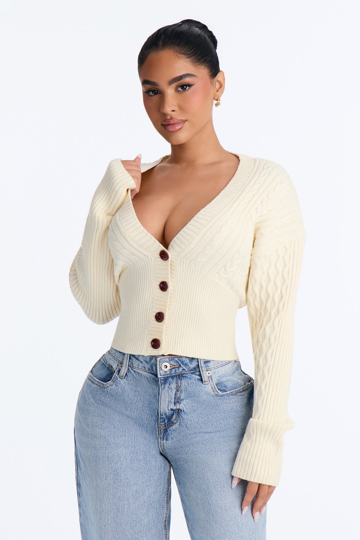 Familiar Love Off Shoulder Cable Knit Cardigan - Ivory