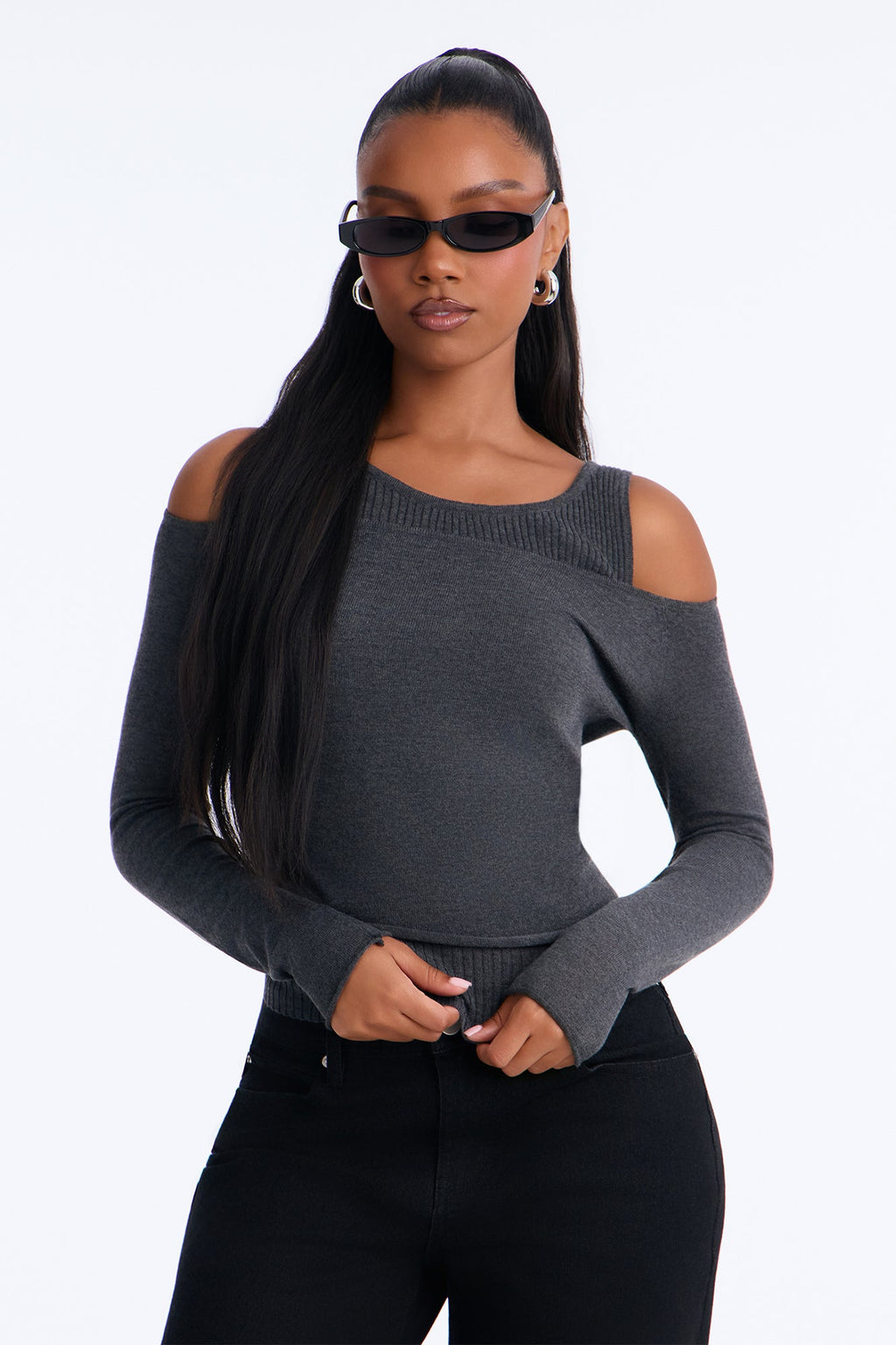 Christelle Cold Shoulder Pullover Sweater - Charcoal