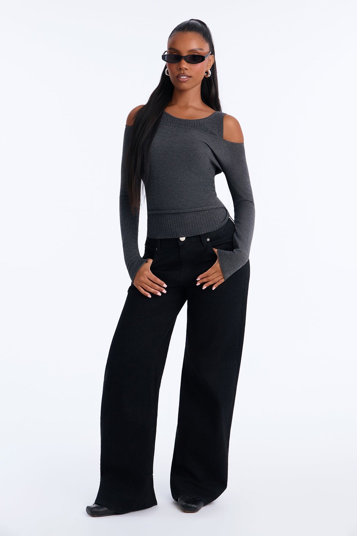 Christelle Cold Shoulder Pullover Sweater - Charcoal