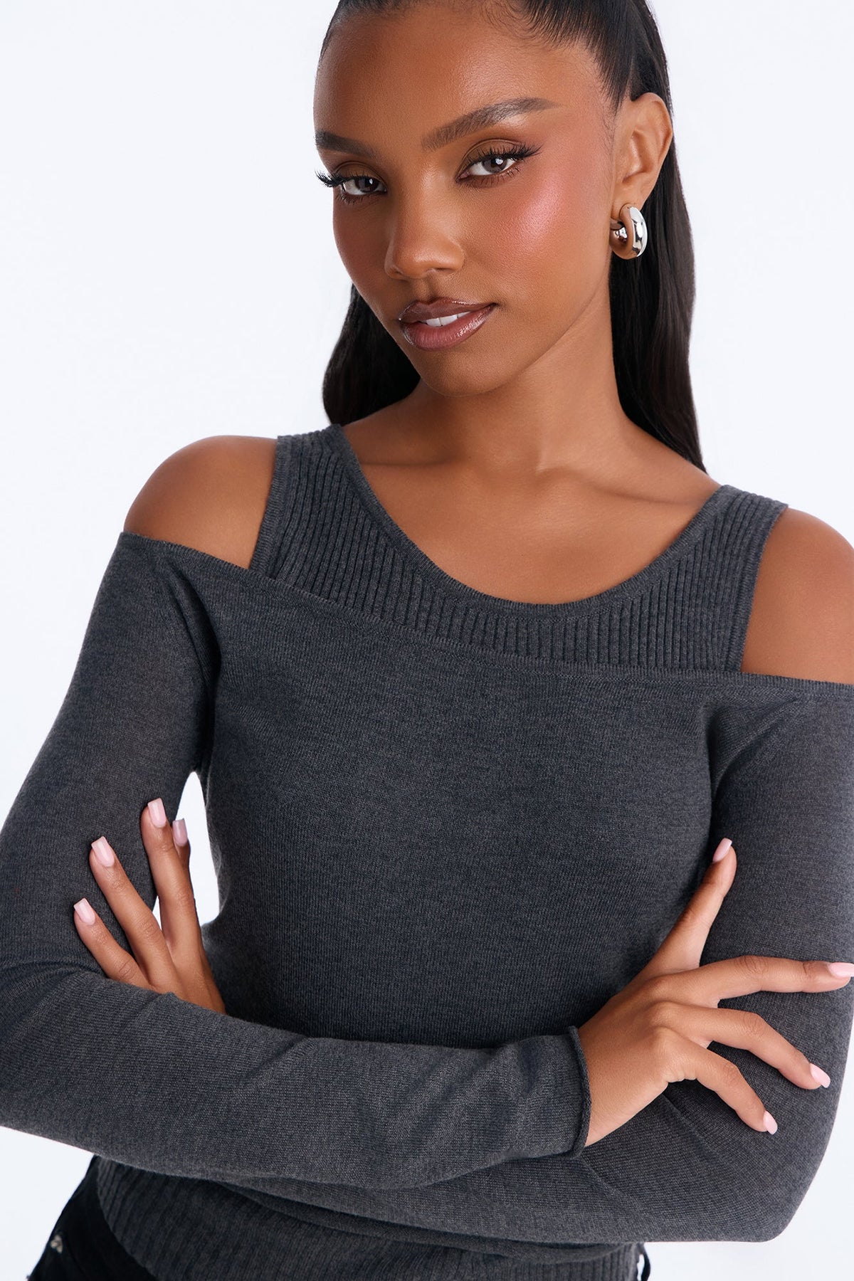 Christelle Cold Shoulder Pullover Sweater - Charcoal
