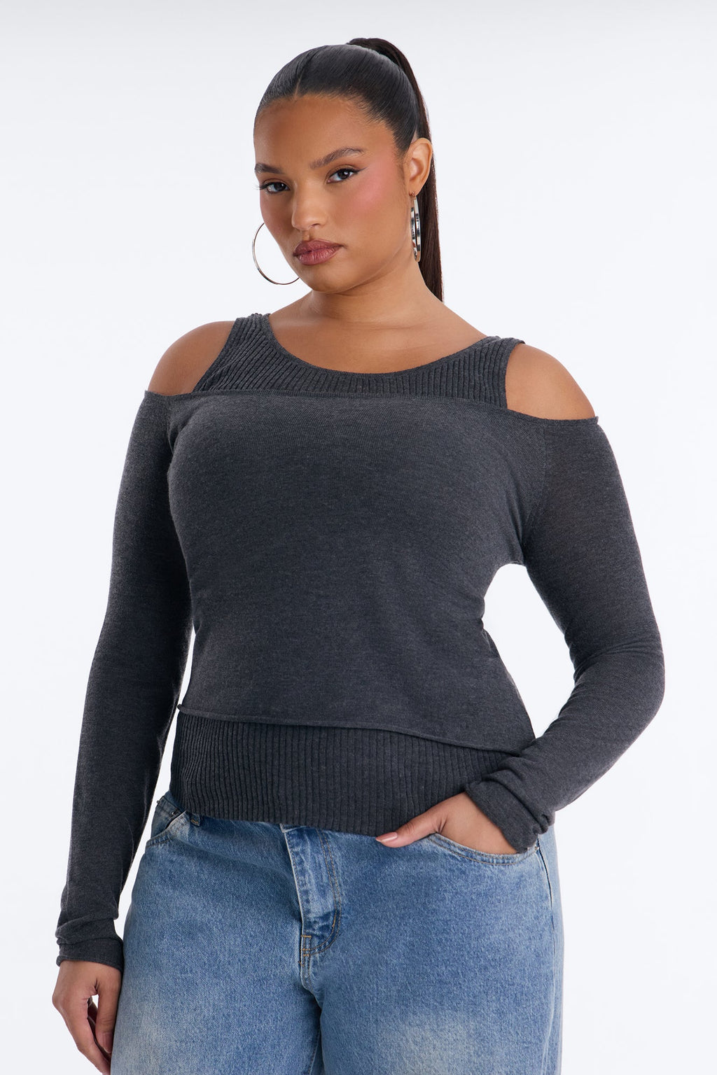 Christelle Cold Shoulder Pullover Sweater - Charcoal