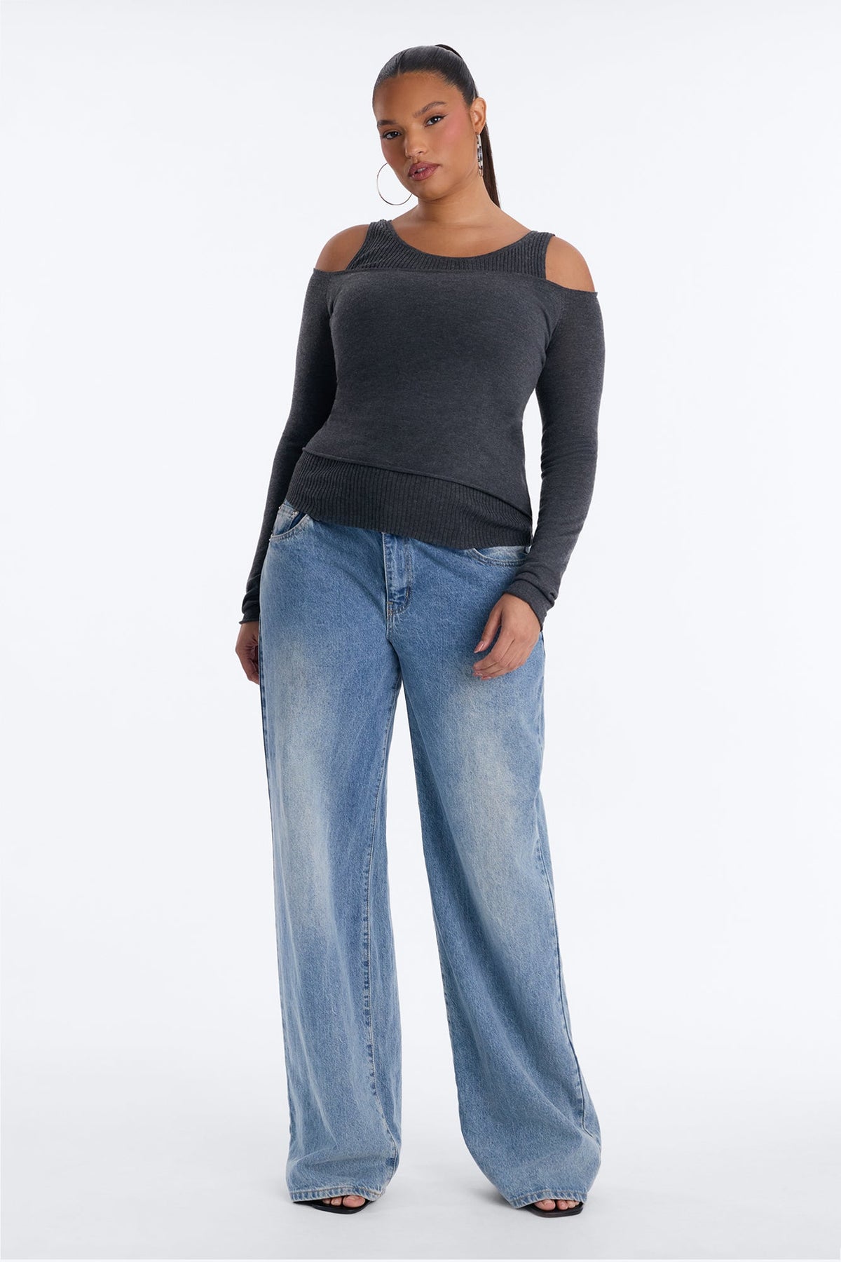 Christelle Cold Shoulder Pullover Sweater - Charcoal