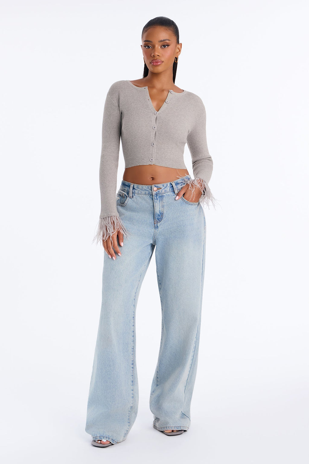 Soft Heart Cropped Feathered Cardigan - Heather Grey