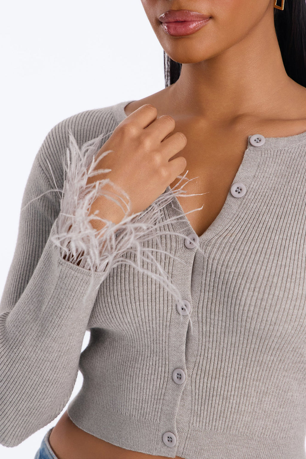 Soft Heart Cropped Feathered Cardigan - Heather Grey