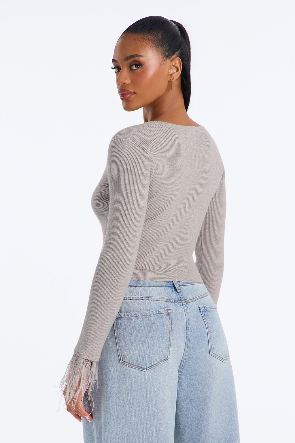 Soft Heart Cropped Feathered Cardigan - Heather Grey