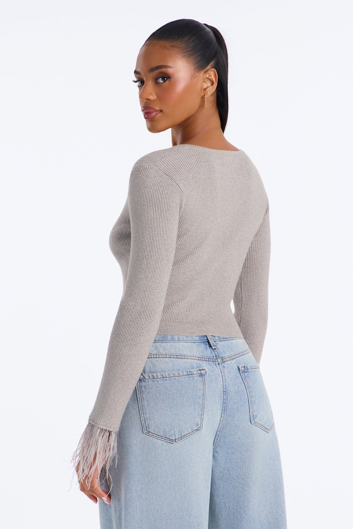 Soft Heart Cropped Feathered Cardigan - Heather Grey