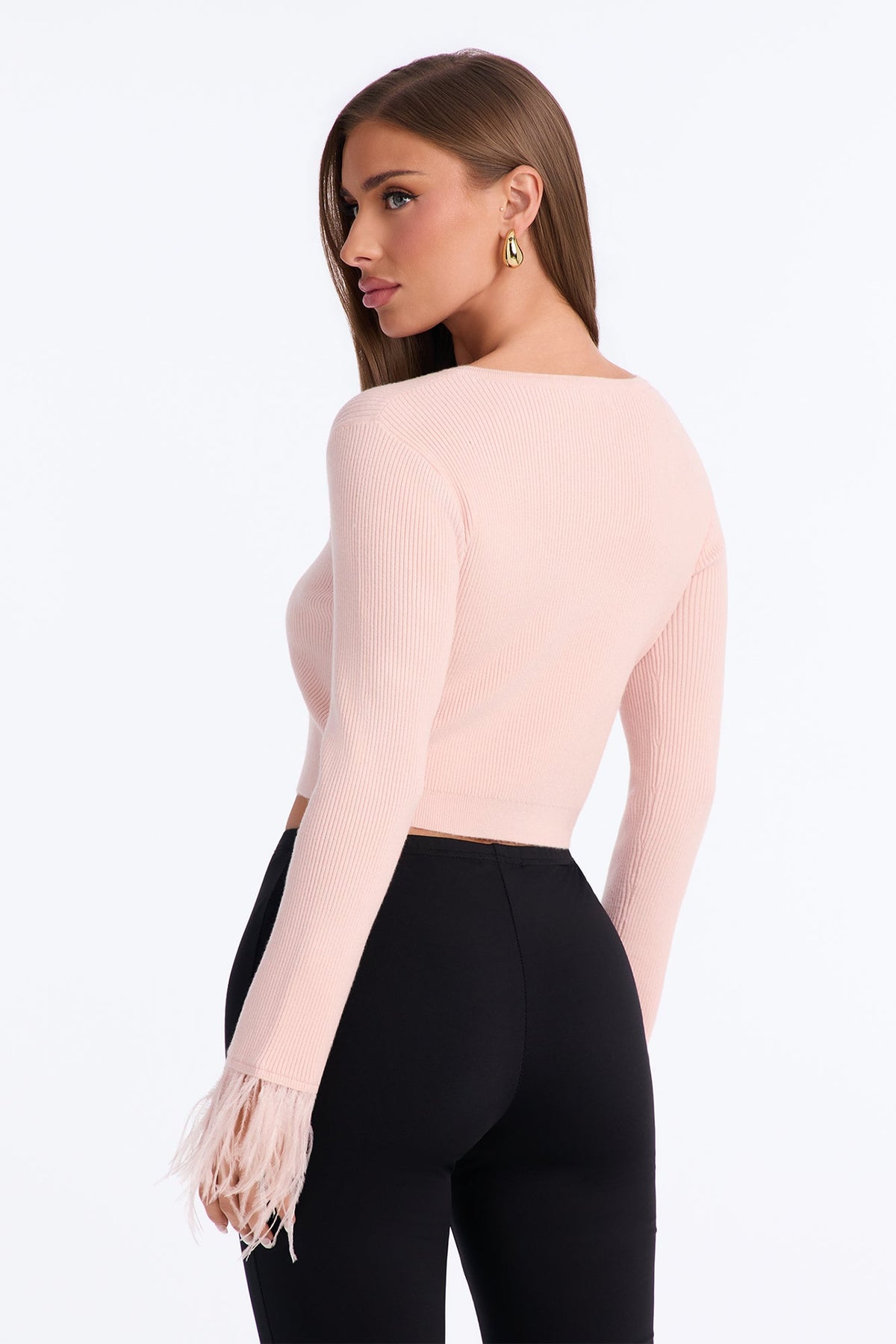 Soft Heart Cropped Feathered Cardigan - Light Pink