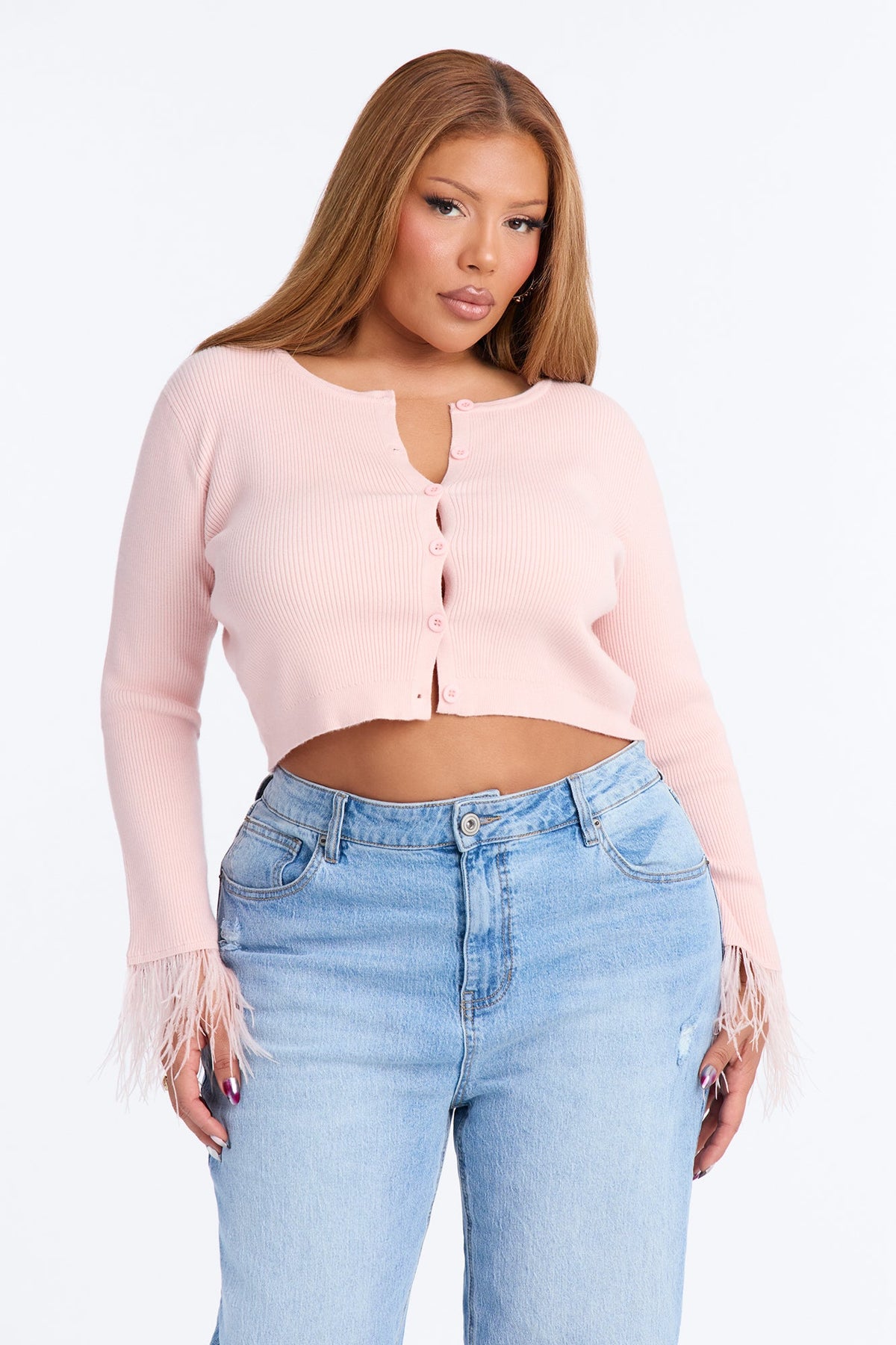 Soft Heart Cropped Feathered Cardigan - Light Pink