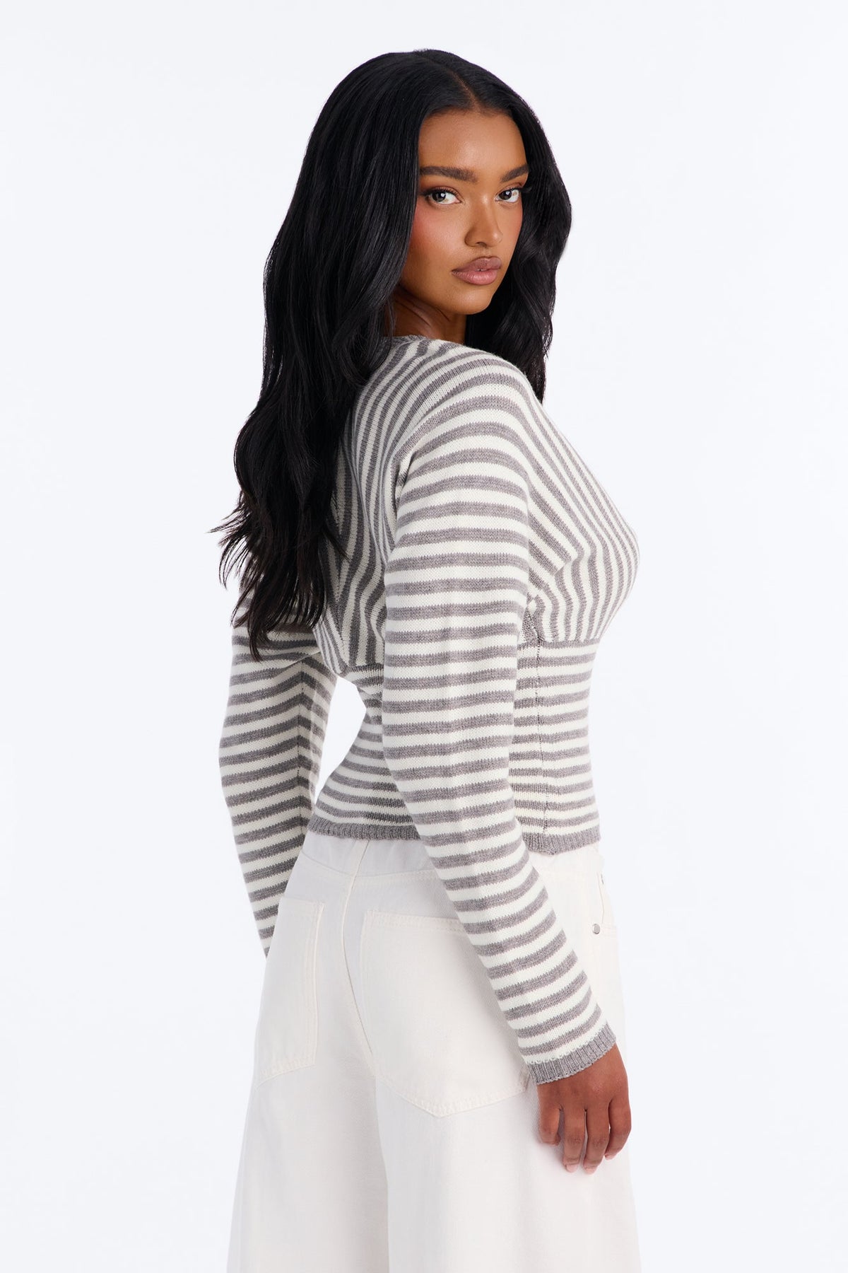Fall Flirt Striped Pullover Sweater - Grey/combo