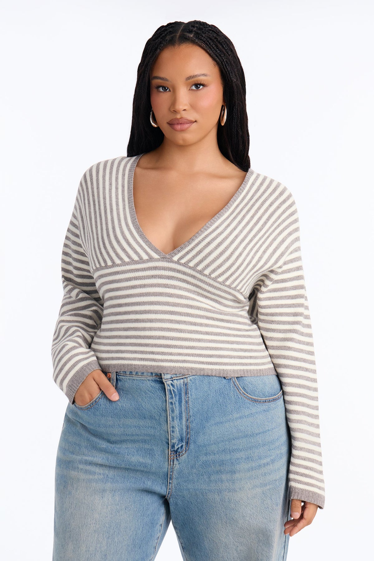 Fall Flirt Striped Pullover Sweater - Grey/combo