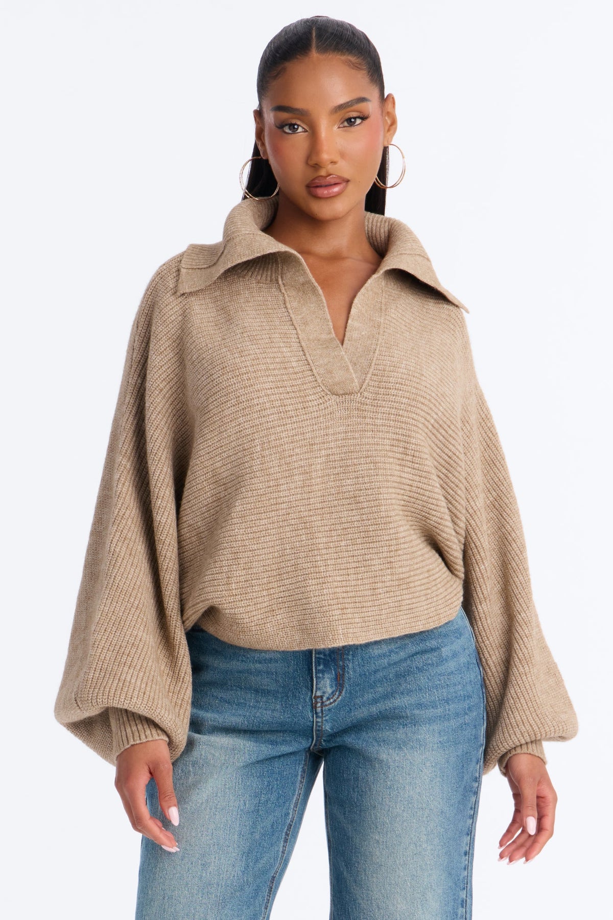 Mellow Breeze Pullover Collared Sweater - Taupe