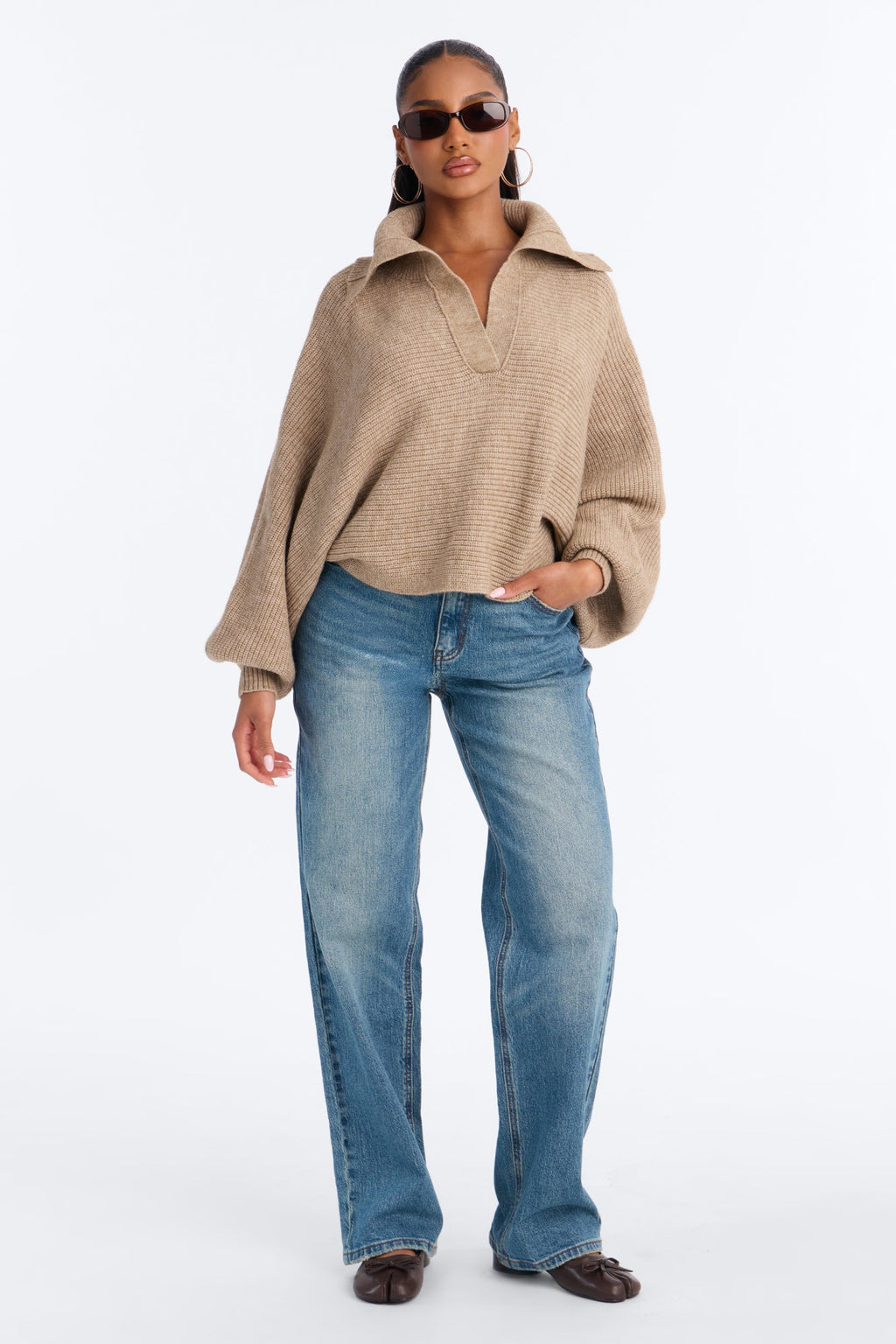 Mellow Breeze Pullover Collared Sweater - Taupe