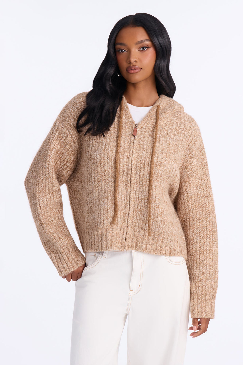 Shayleen Hooded Zip Up Sweater - Camel