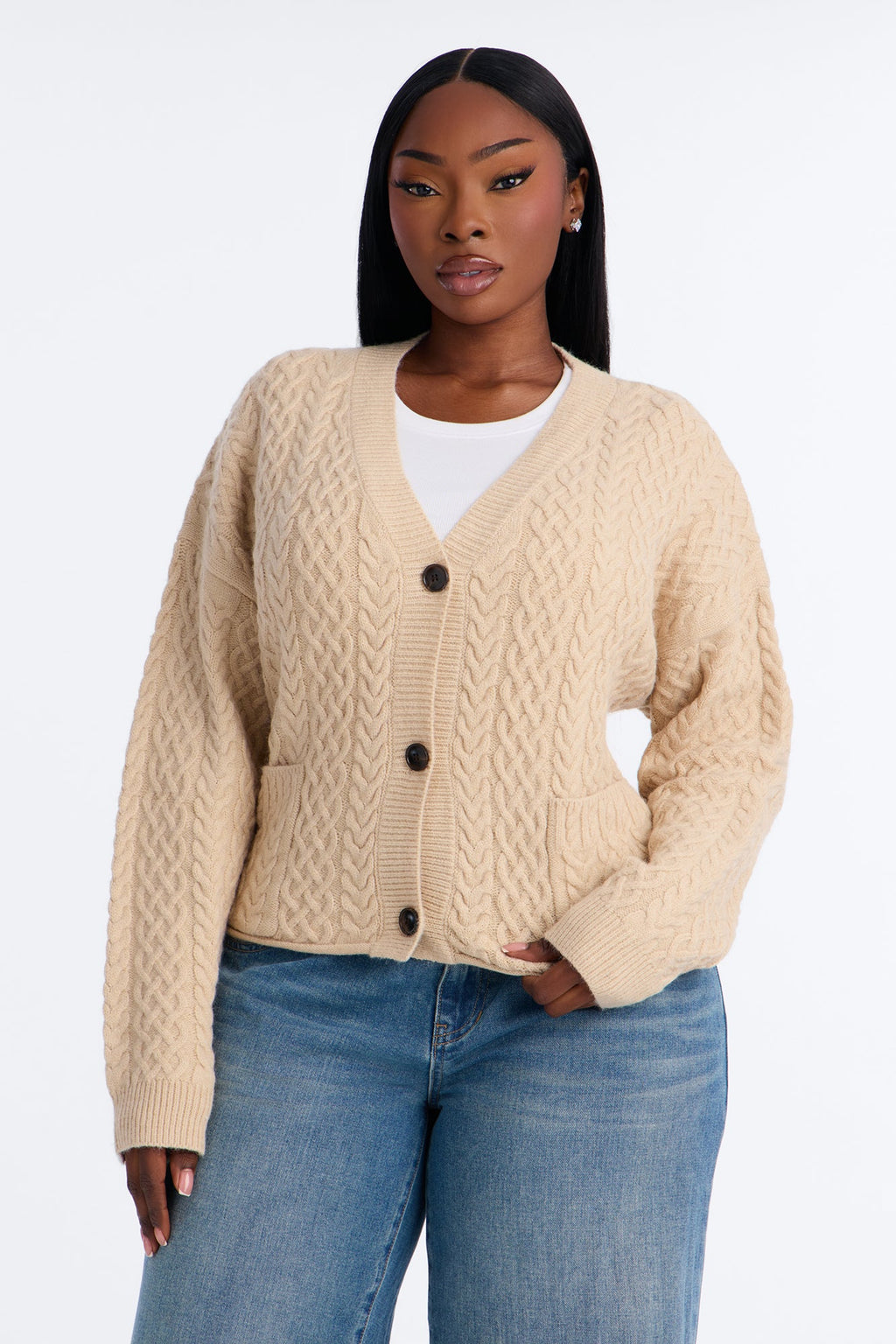 Penelope Cable Knit Cardigan - Stone