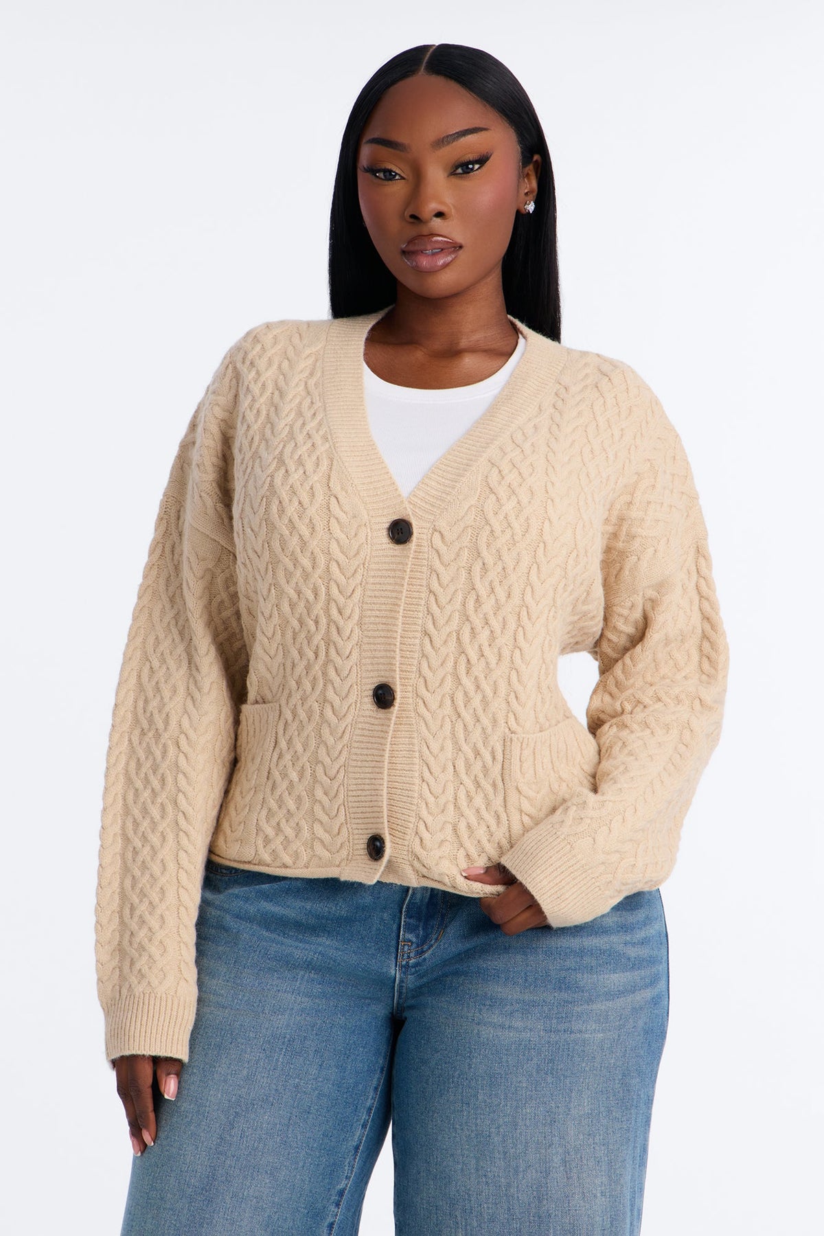 Penelope Cable Knit Cardigan - Stone