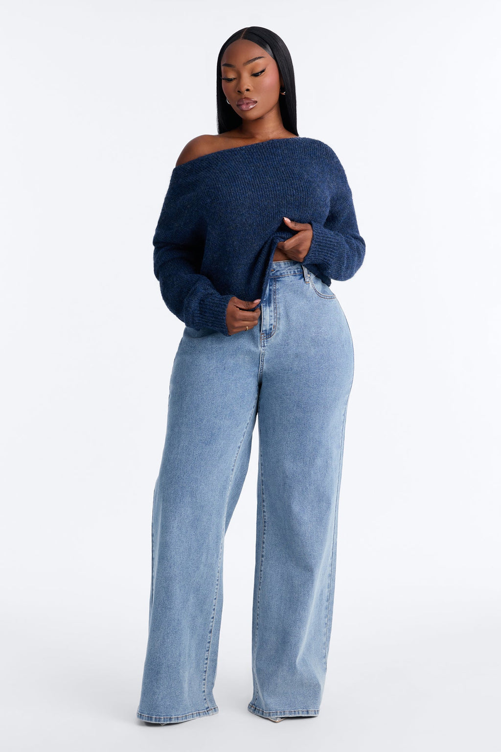 Lenah One Shoulder Pullover Sweater - Blue