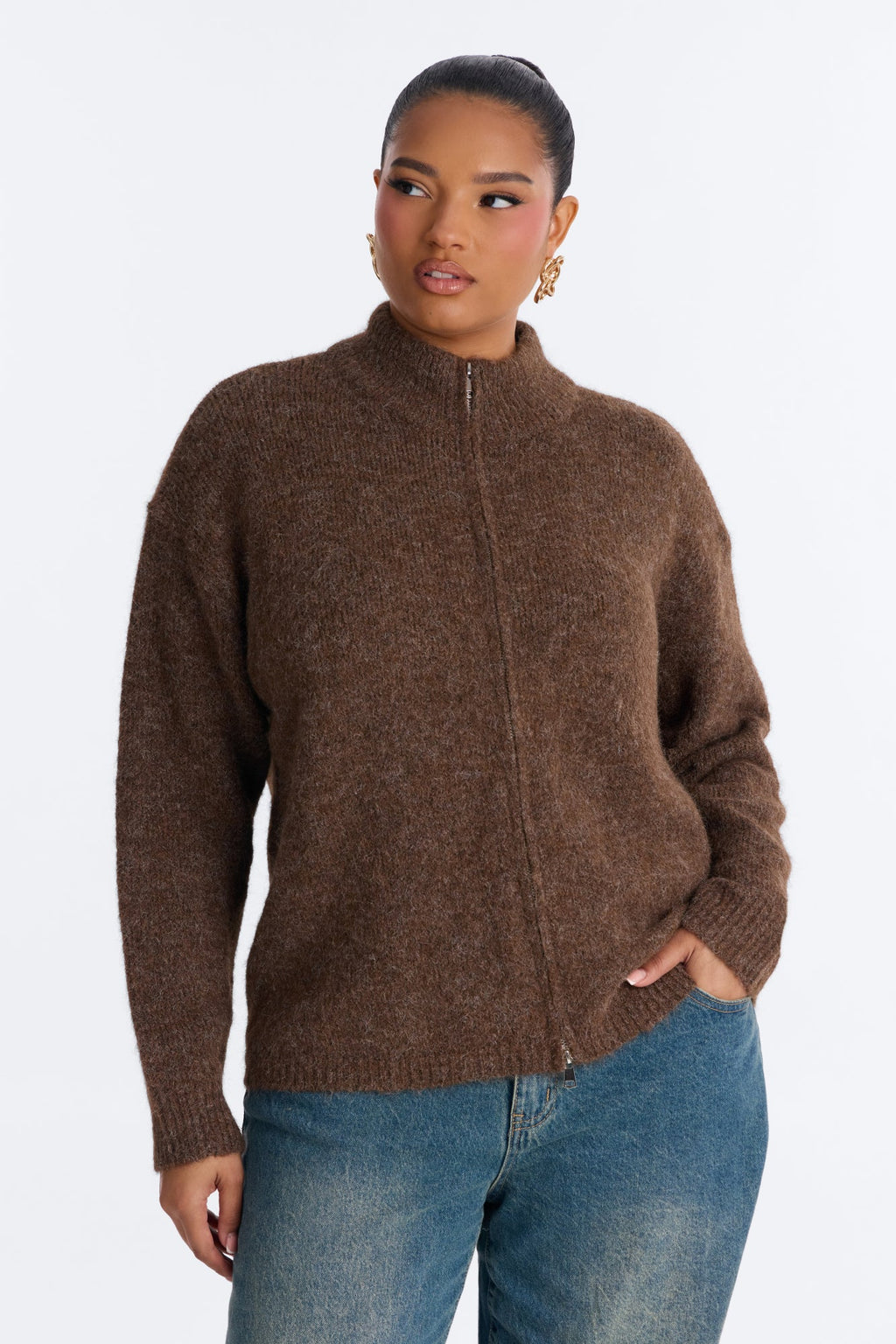 Early Mornings Mock Neck Zip Up Sweater - Brown