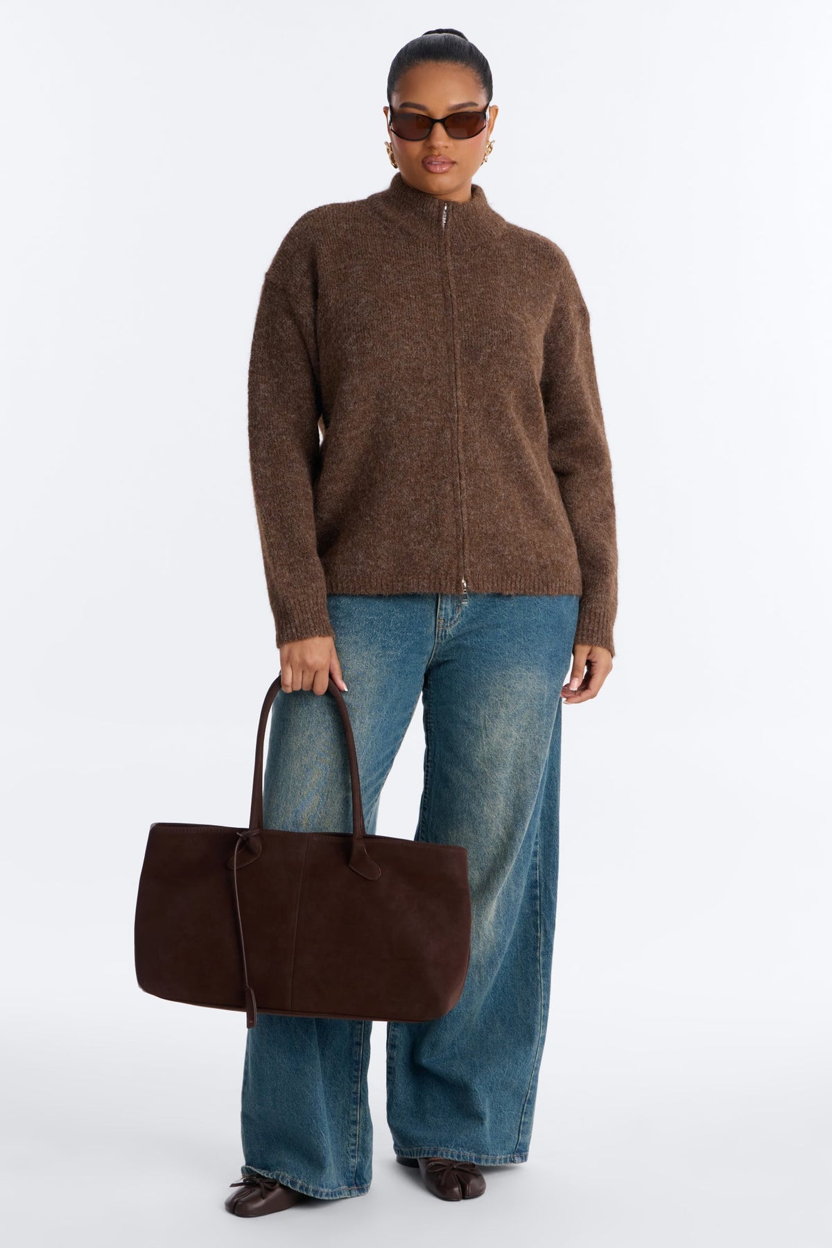 Early Mornings Mock Neck Zip Up Sweater - Brown