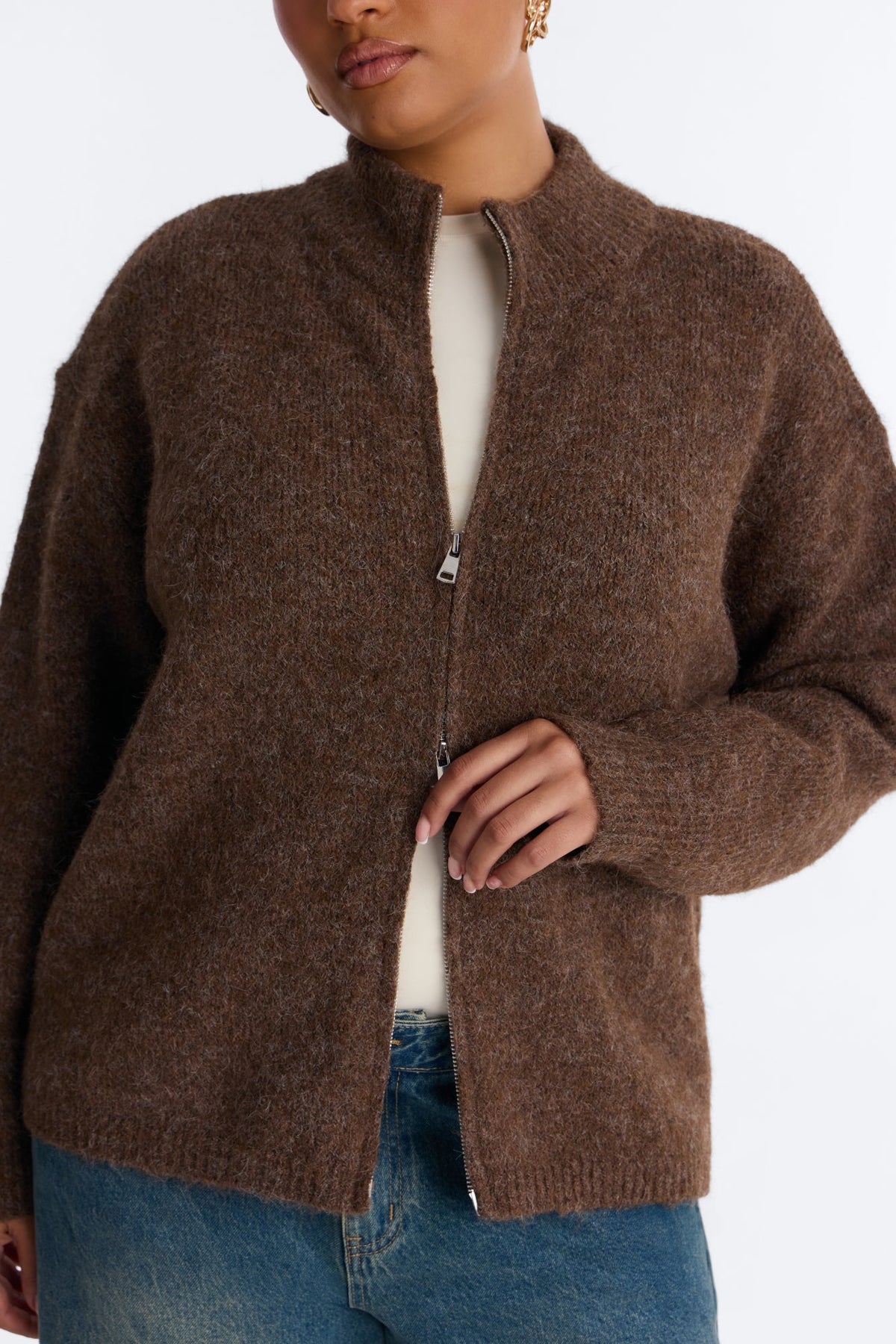 Early Mornings Mock Neck Zip Up Sweater - Brown