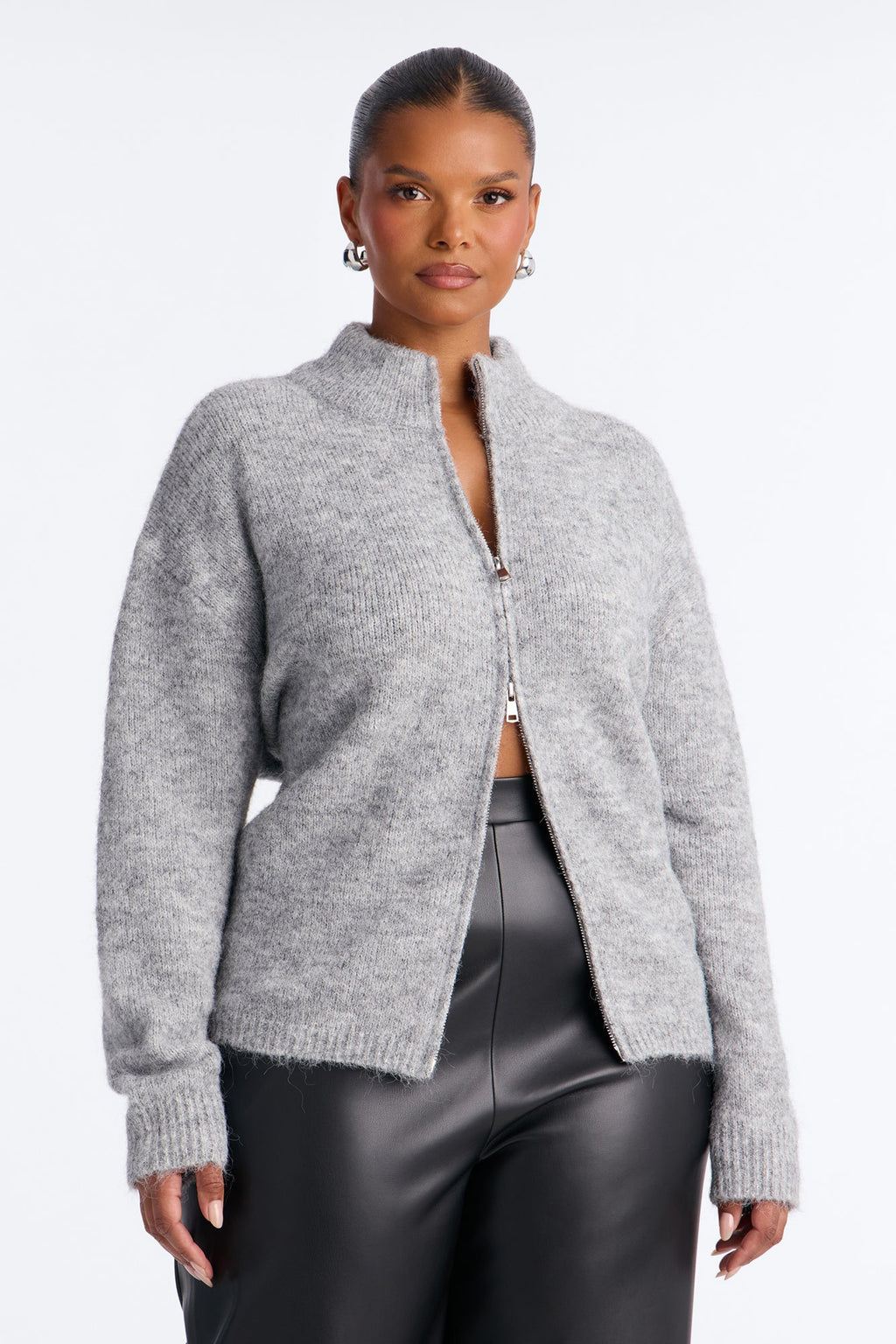 Early Mornings Mock Neck Zip Up Sweater - Heather Grey