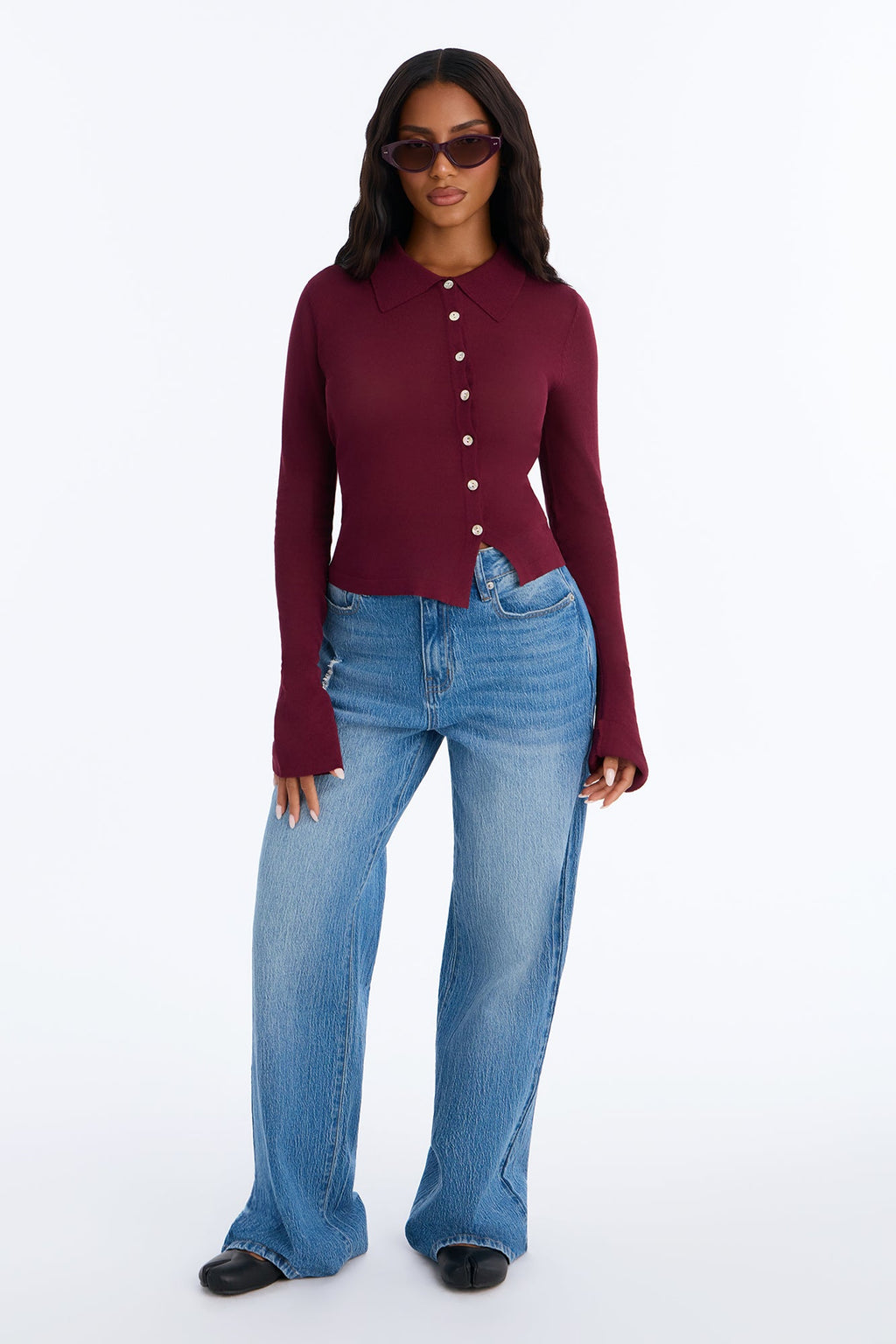 Syann Asymmetrical Button Up Cardigan - Burgundy