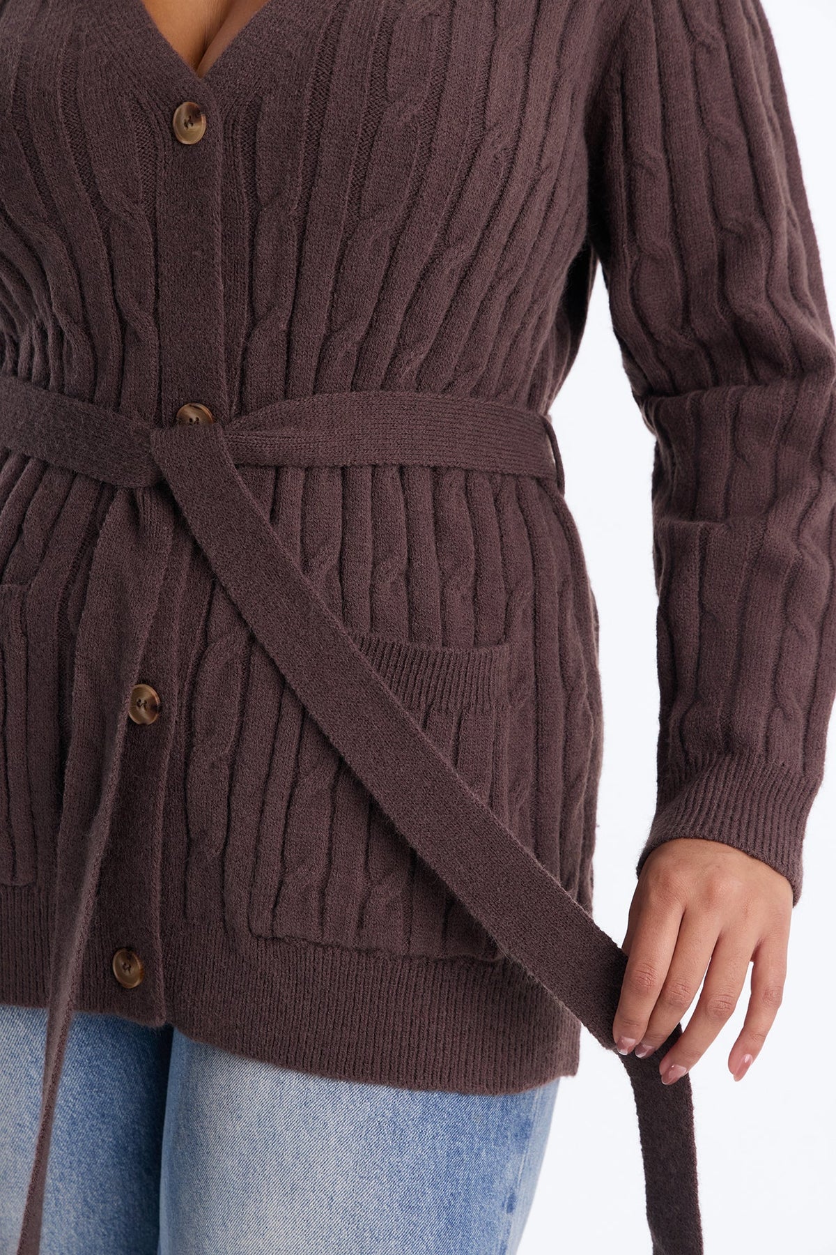 Morning Coffee Belted Button Up Cardigan - Brown