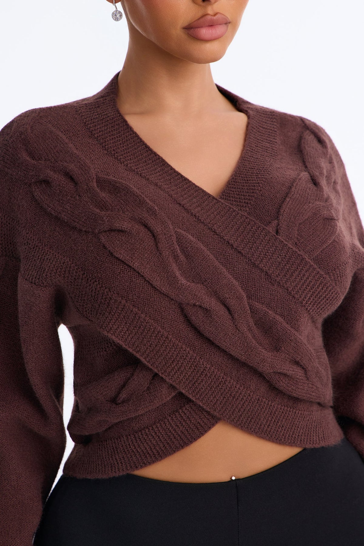 Chilly Serene Cropped Cable Knit Pullover Sweater - Chocolate