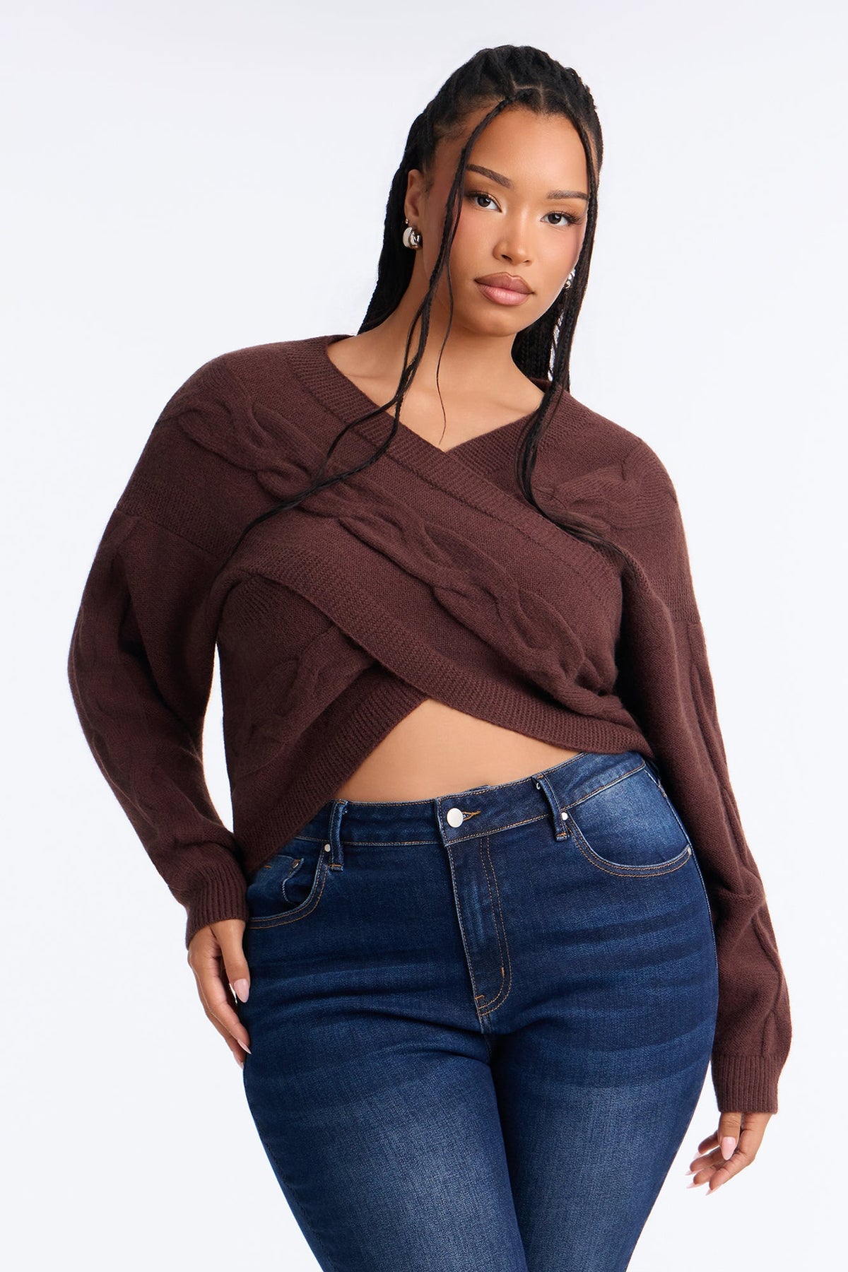Chilly Serene Cropped Cable Knit Pullover Sweater - Chocolate