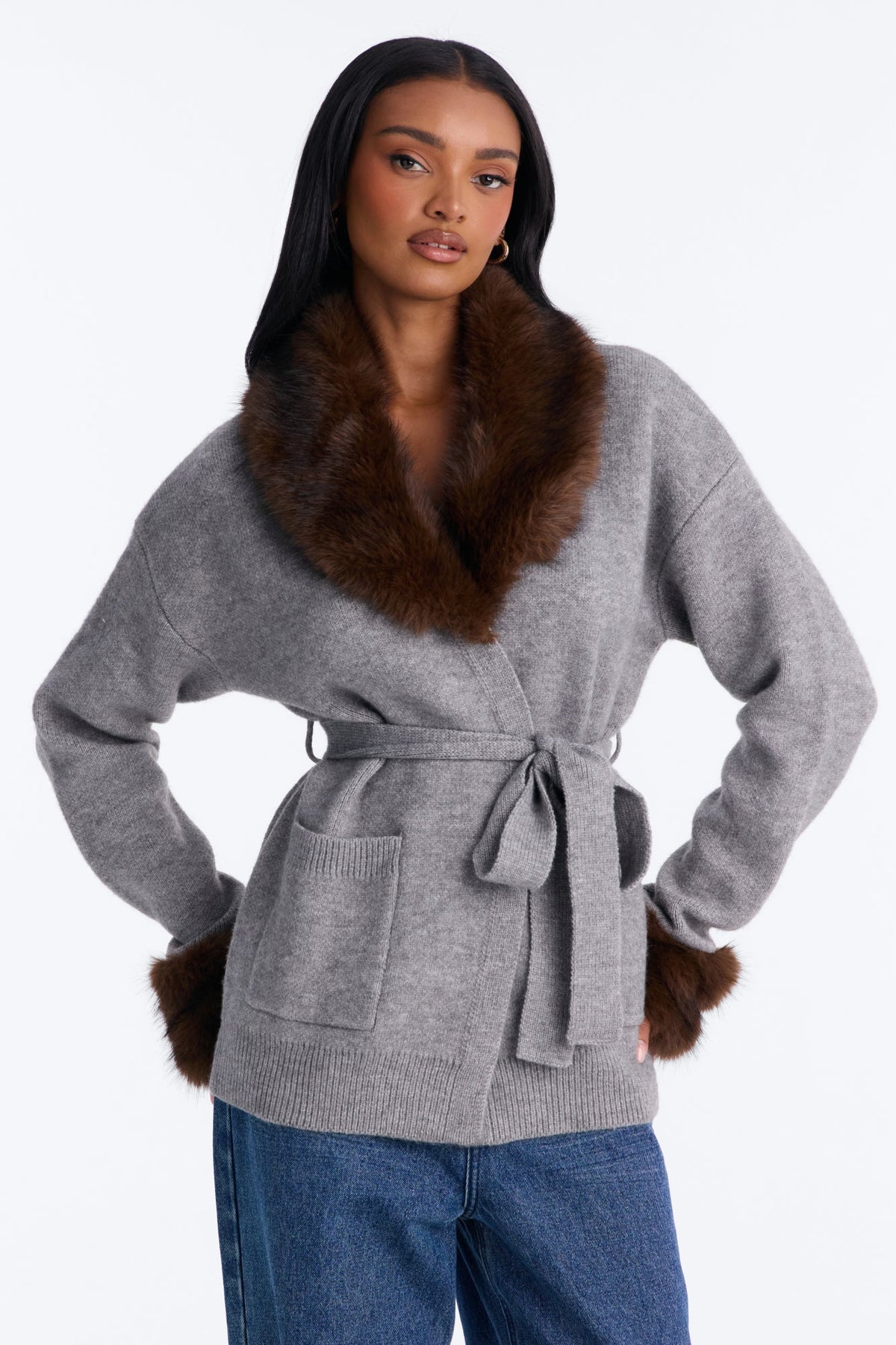 Warm And Furry Tie Waist Cardigan - Grey/combo