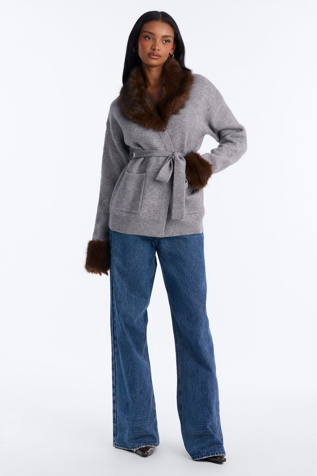 Warm And Furry Tie Waist Cardigan - Grey/combo