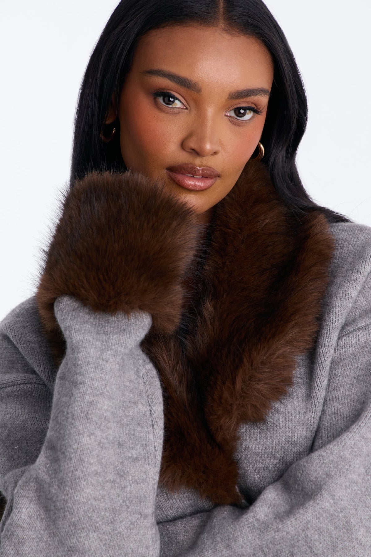 Warm And Furry Tie Waist Cardigan - Grey/combo
