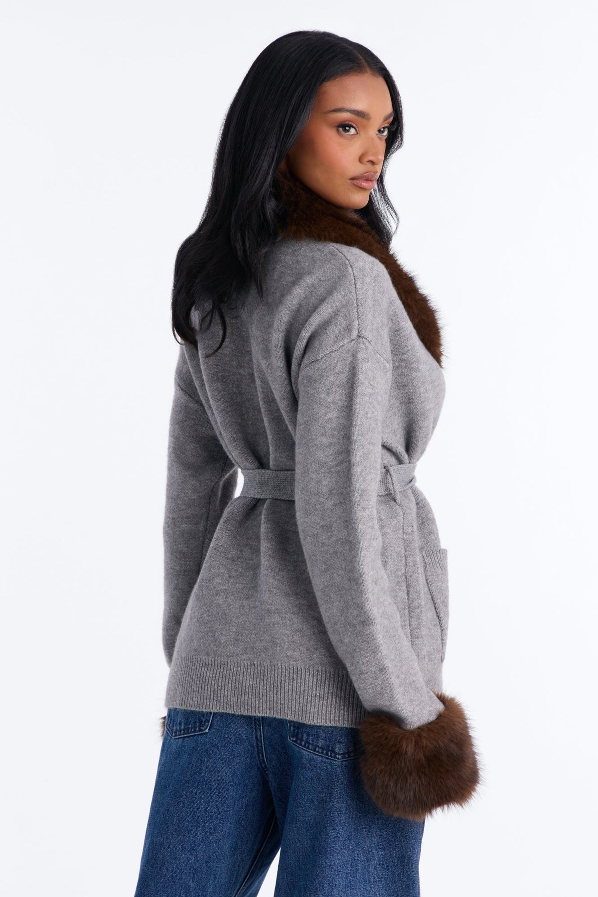 Warm And Furry Tie Waist Cardigan - Grey/combo