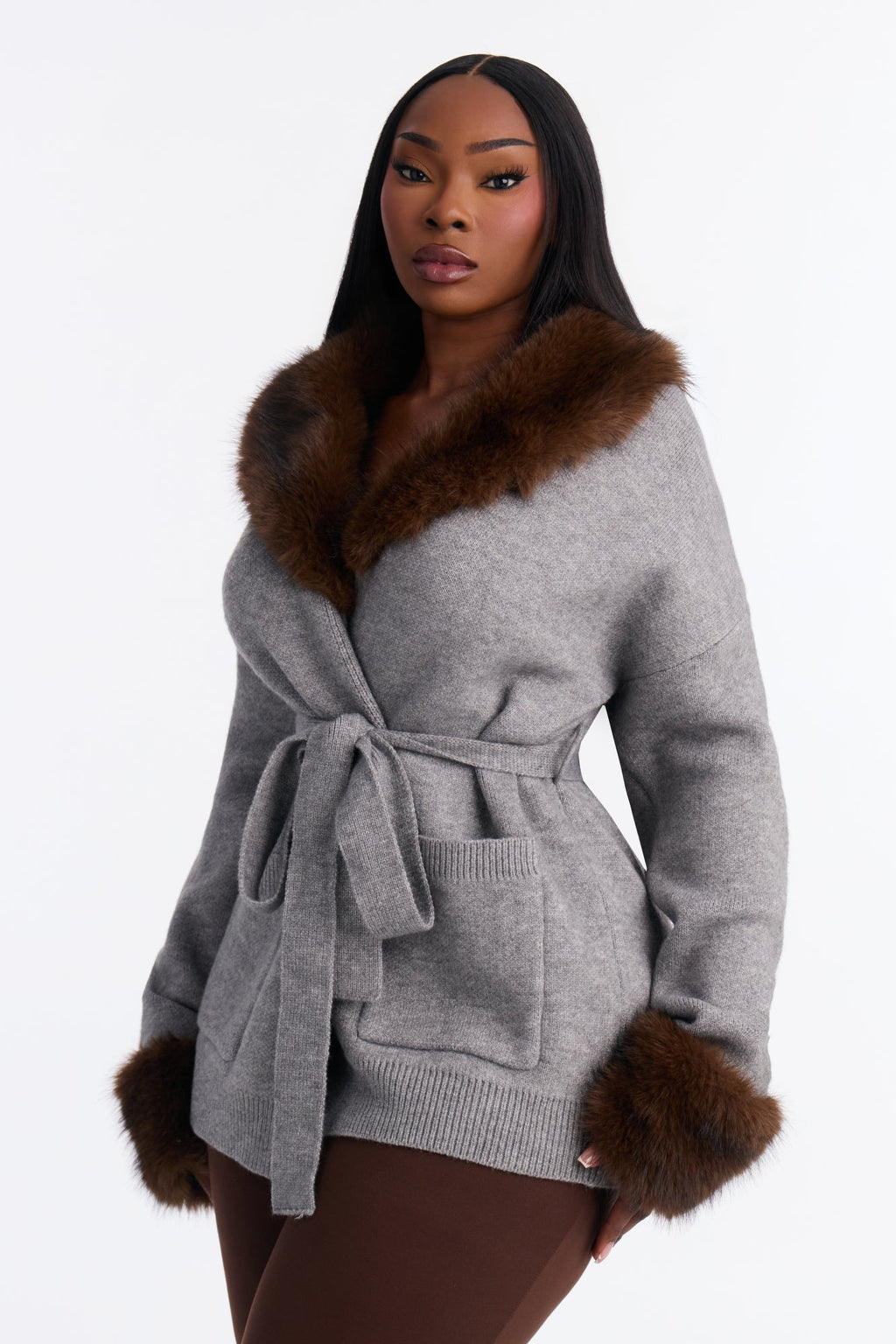 Warm And Furry Tie Waist Cardigan - Grey/combo