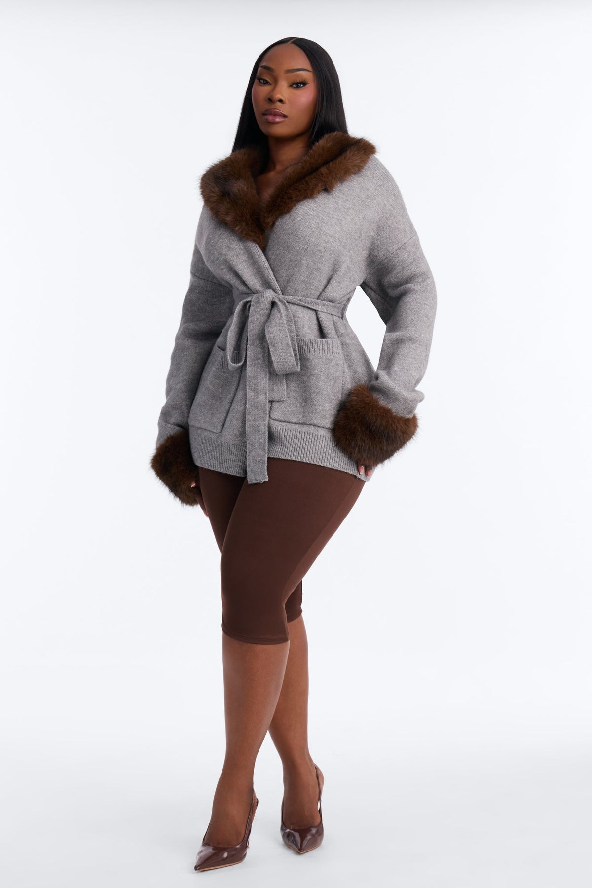 Warm And Furry Tie Waist Cardigan - Grey/combo