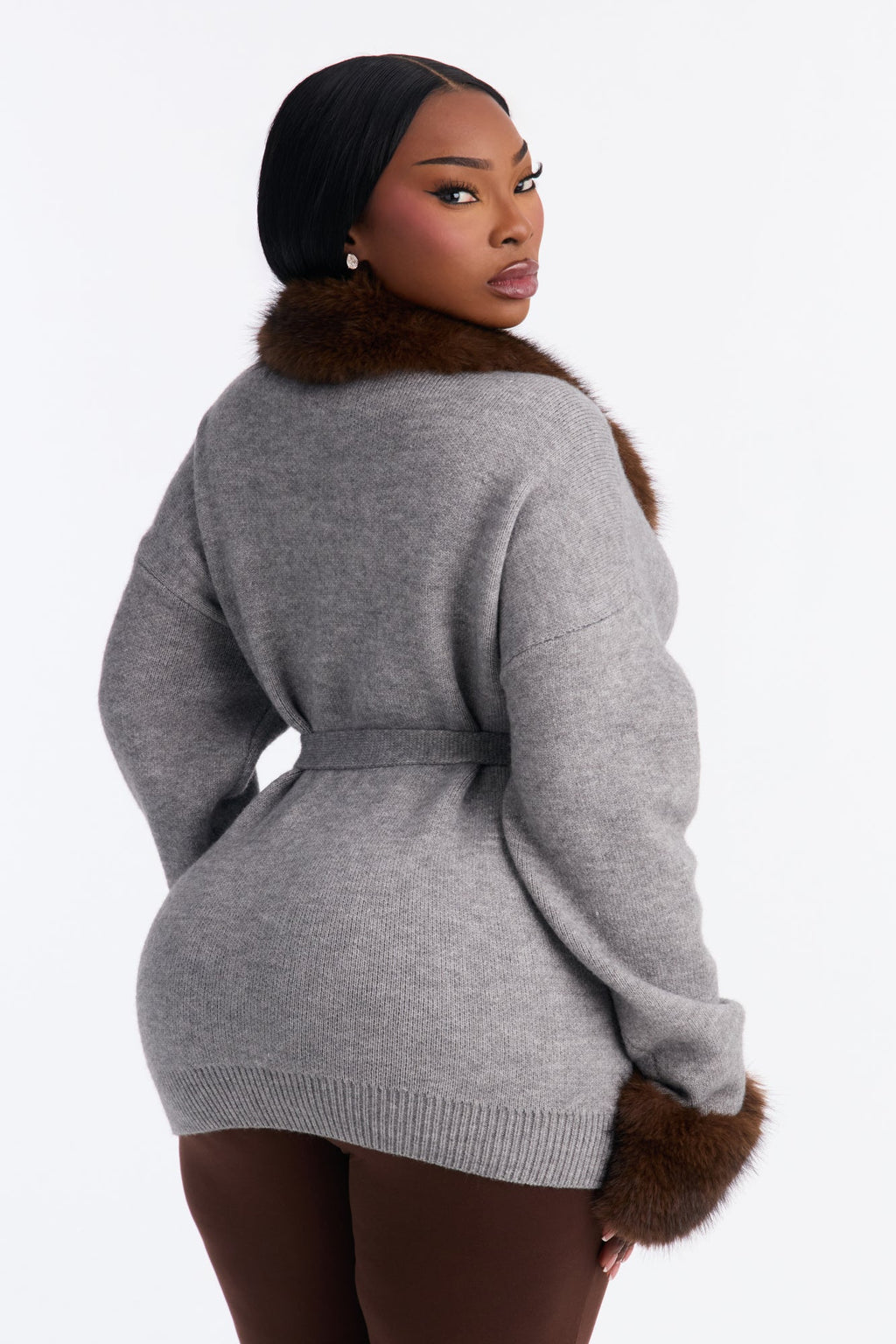 Warm And Furry Tie Waist Cardigan - Grey/combo