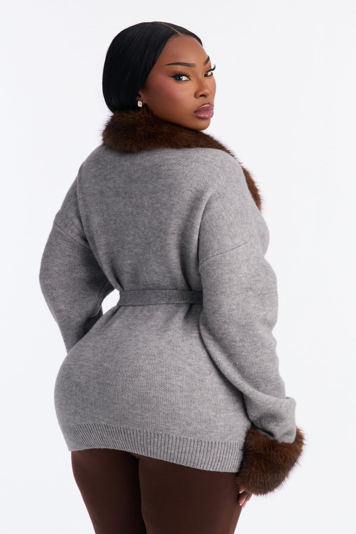 Warm And Furry Tie Waist Cardigan - Grey/combo