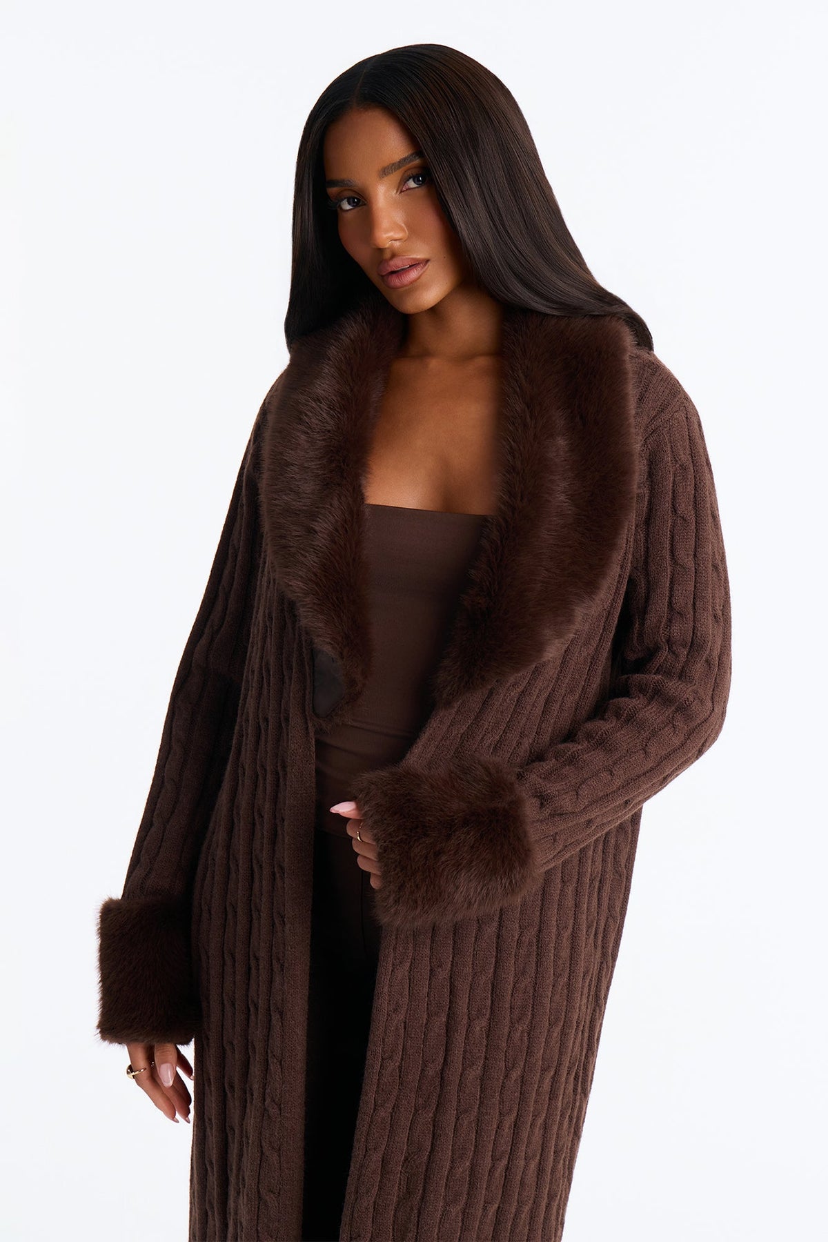 Celeste Fur Trim Maxi Cardigan - Chocolate