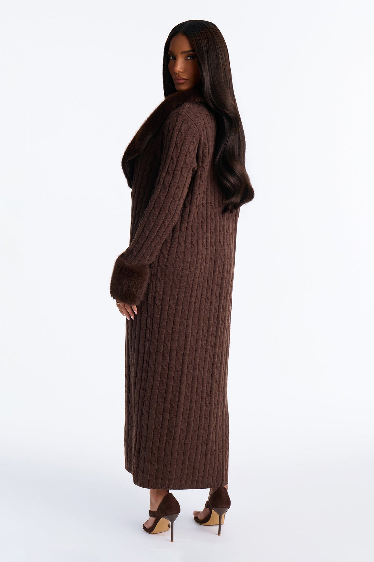 Celeste Fur Trim Maxi Cardigan - Chocolate