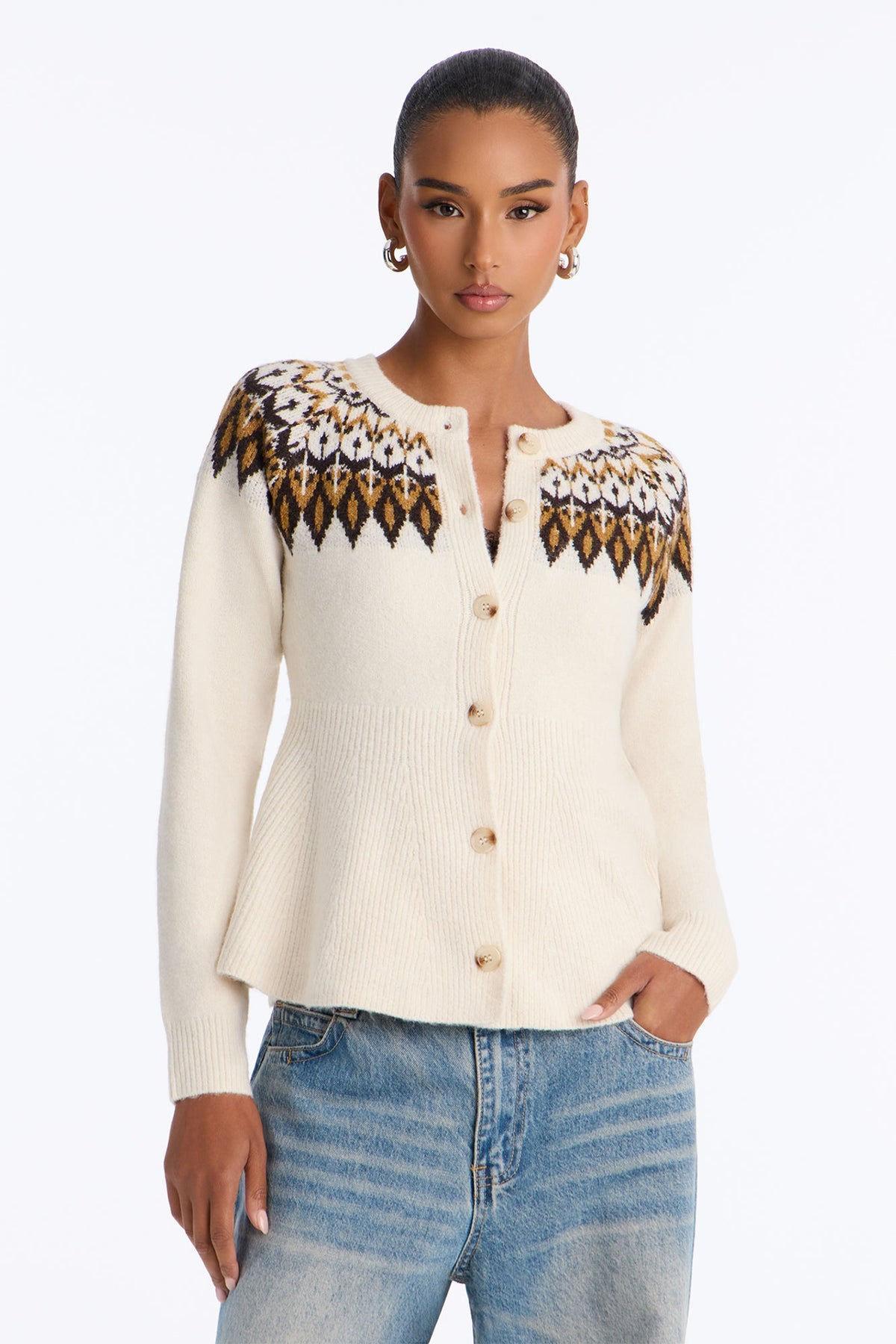Fireside Cabin Babydoll Fair Isle Cardigan - Cream/combo