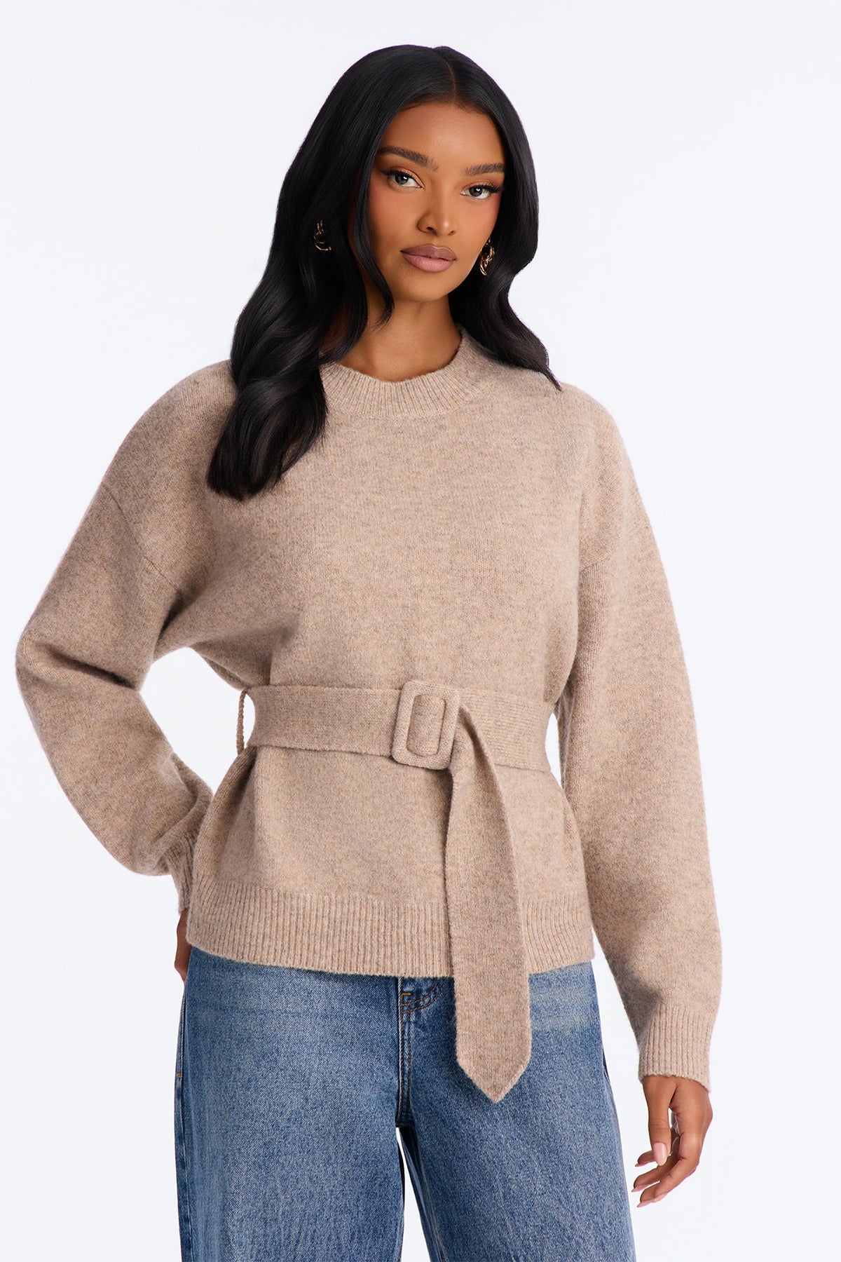 Daydreaming Belted Pullover Sweater - Taupe