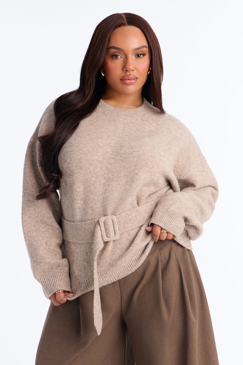 Daydreaming Belted Pullover Sweater - Taupe