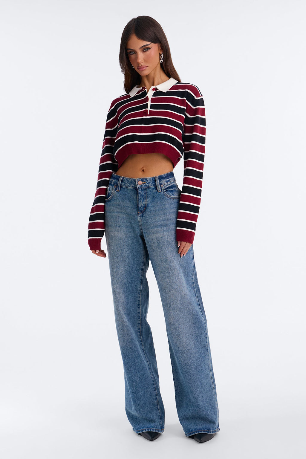Jonah Striped Cropped Polo Sweater - Burgundy/combo