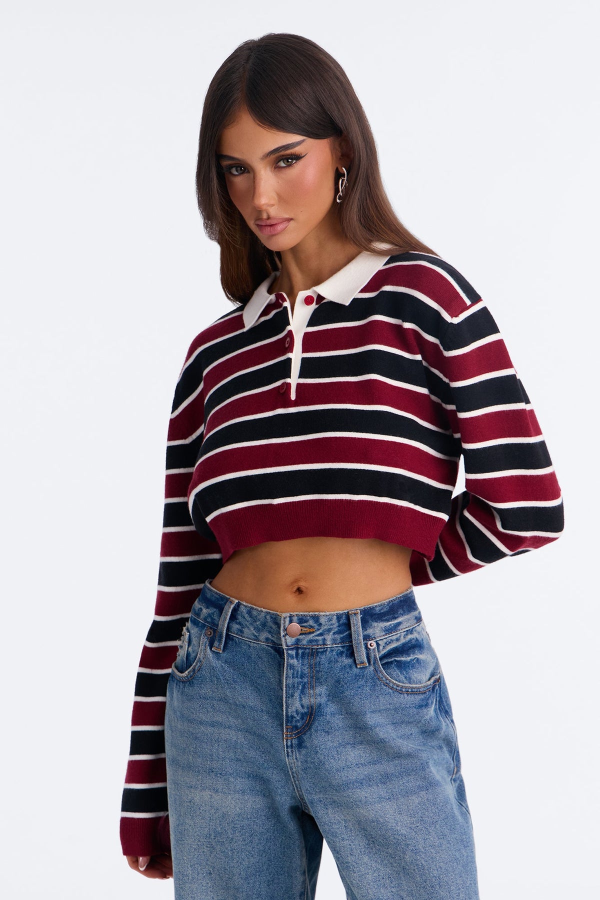 Jonah Striped Cropped Polo Sweater - Burgundy/combo