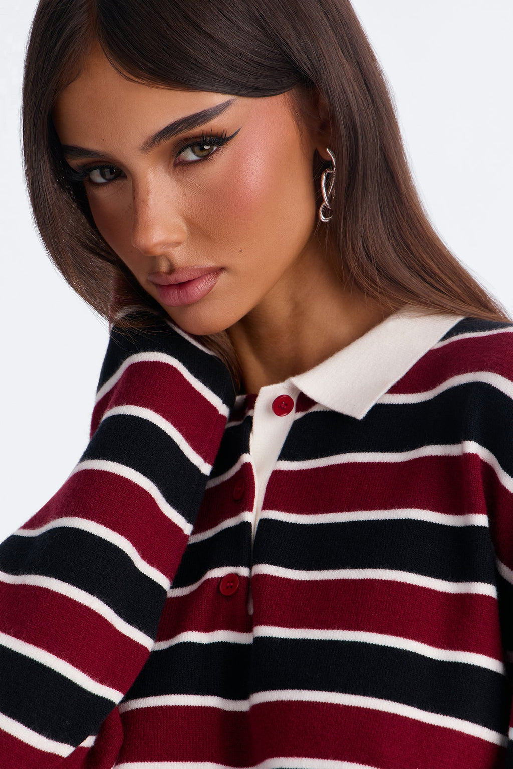 Jonah Striped Cropped Polo Sweater - Burgundy/combo