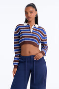 Jonah Striped Cropped Polo Sweater - Chocolate/Combo