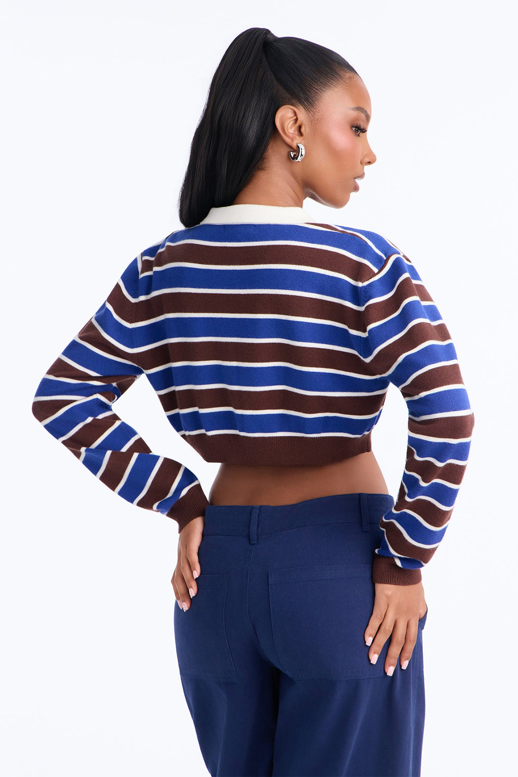 Jonah Striped Cropped Polo Sweater - Chocolate/Combo