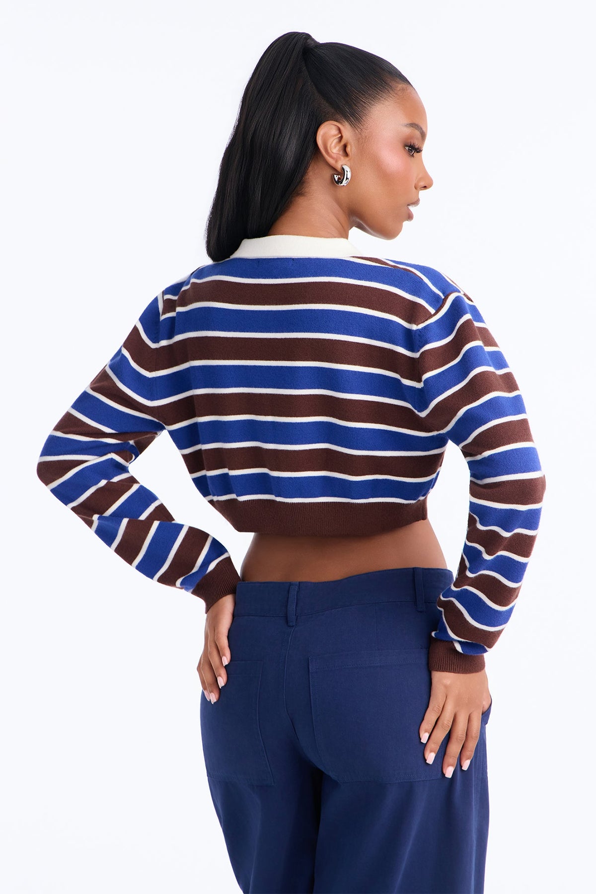 Jonah Striped Cropped Polo Sweater - Chocolate/Combo