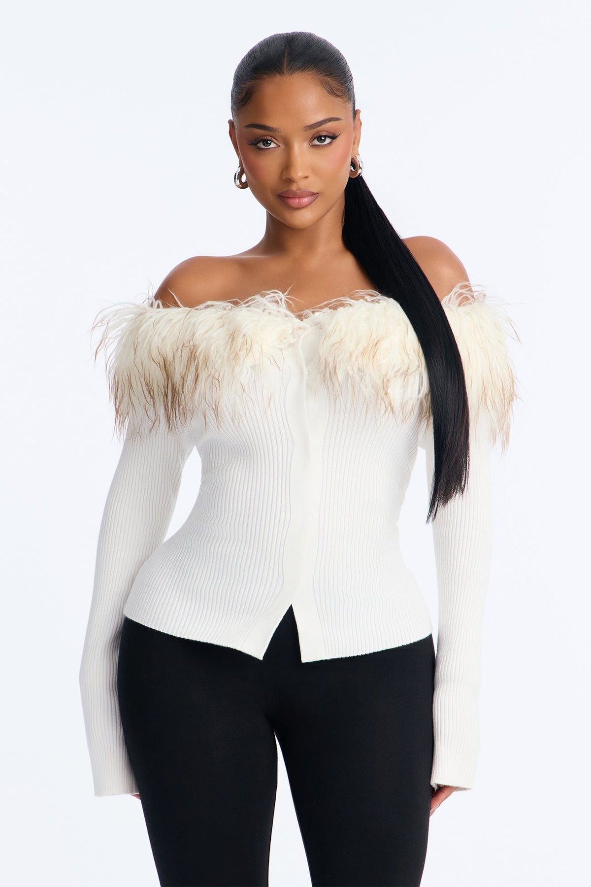 Mala Off Shoulder Fur Cardigan - Cream